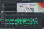 A screenshot of a video editing UI. On the upper part of the screen we have a list of media to select from, a preview of the original clip being editing and a preview of the ongoing video edition. on the lower part of the screen there's a timeline with video and audio clips cut and pasted.