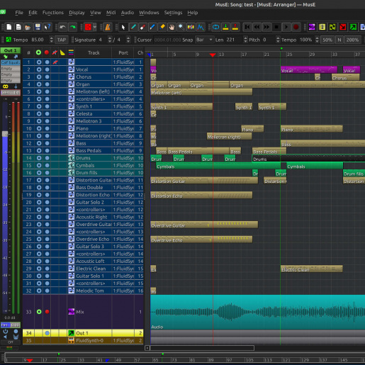 Screenshot of main MusE window.