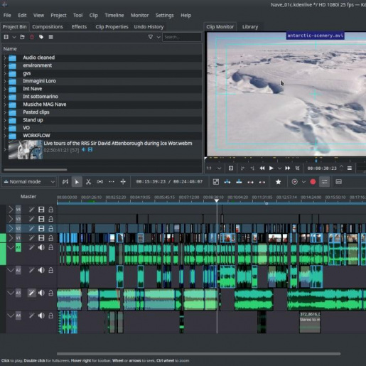 A screenshot of a video editing UI. On the upper part of the screen we have a list of media to select from, a preview of the original clip being editing and a preview of the ongoing video edition. on the lower part of the screen there's a timeline with video and audio clips cut and pasted.